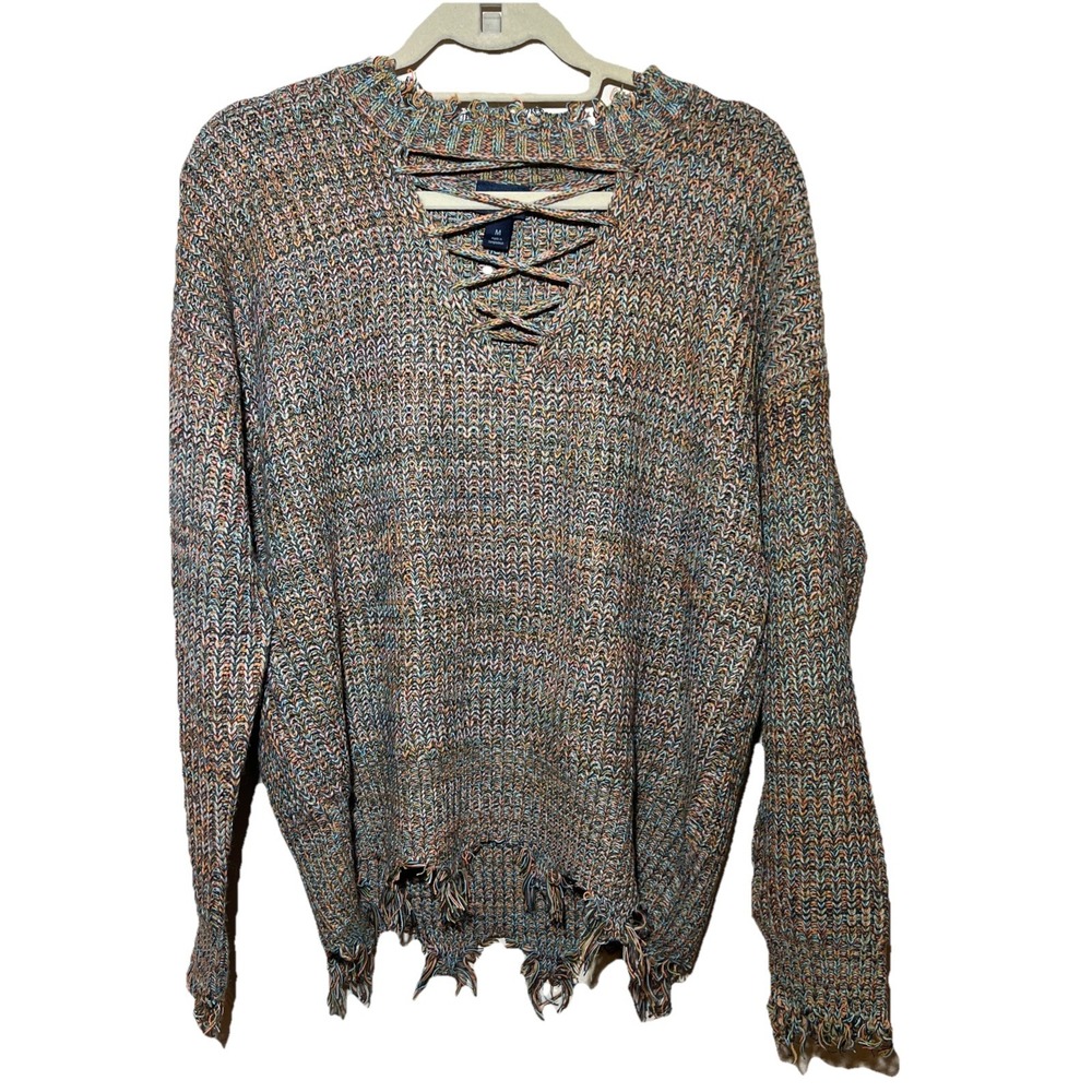 Daytrip Buckle Distressed Strappy Sweater Women M Multi Yarn Frayed Boho Y2K EUC